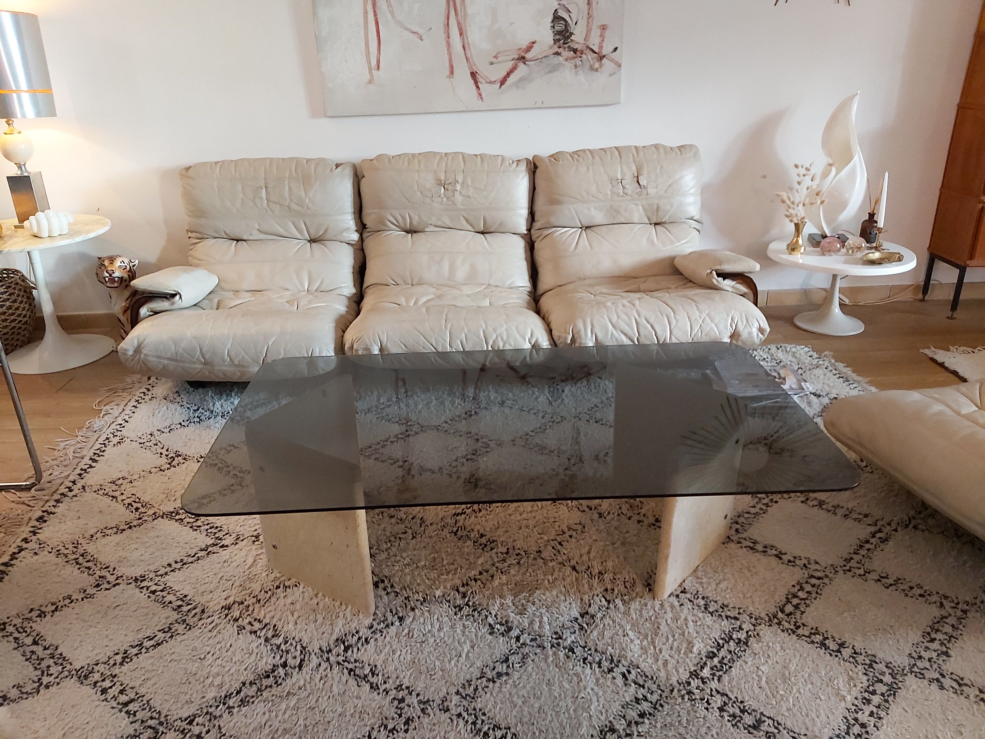 Large travertine coffee table and smoked glass