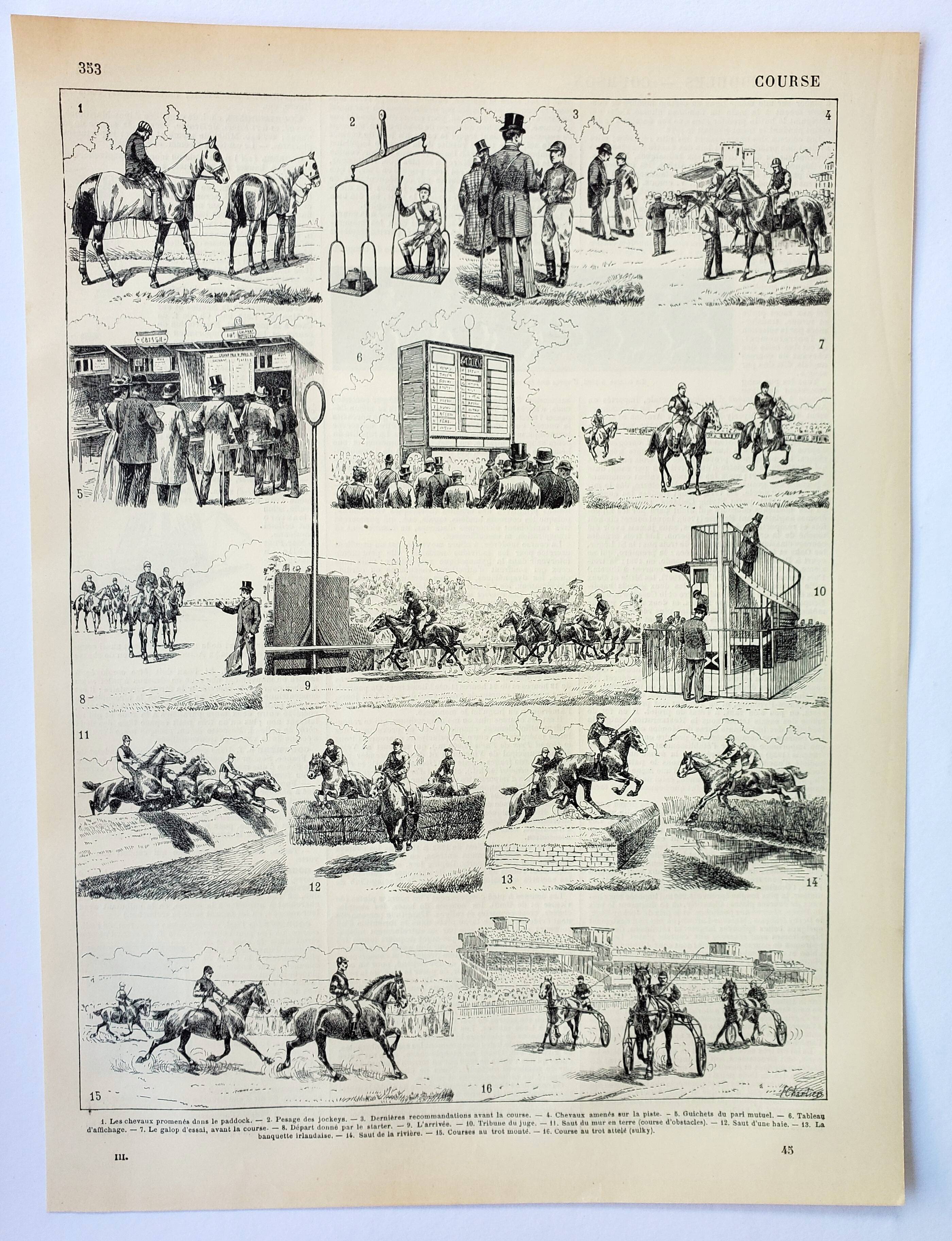 Gravure ancienne 1898, Course de chevaux, hippodrome • Lithographie, Planche originale
