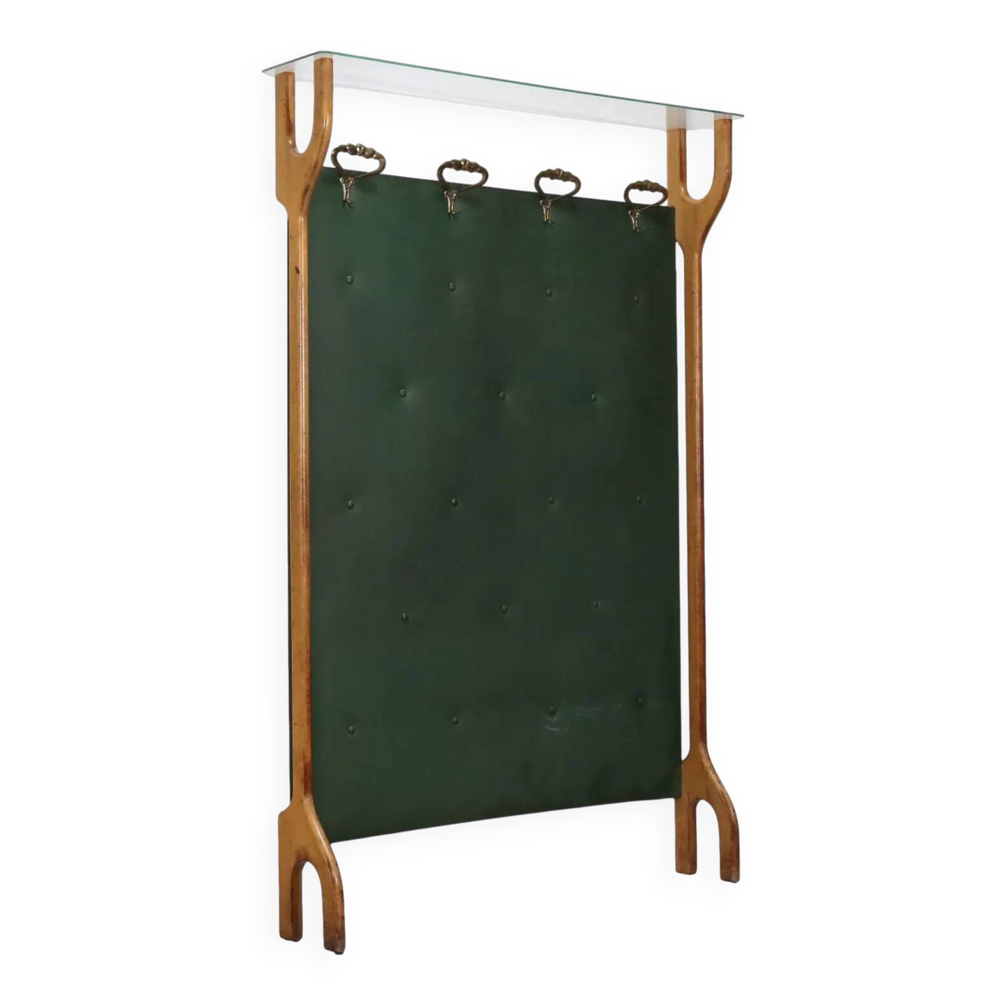 Vintage coat rack in brass, faux leather and glass, Italy, 1950s