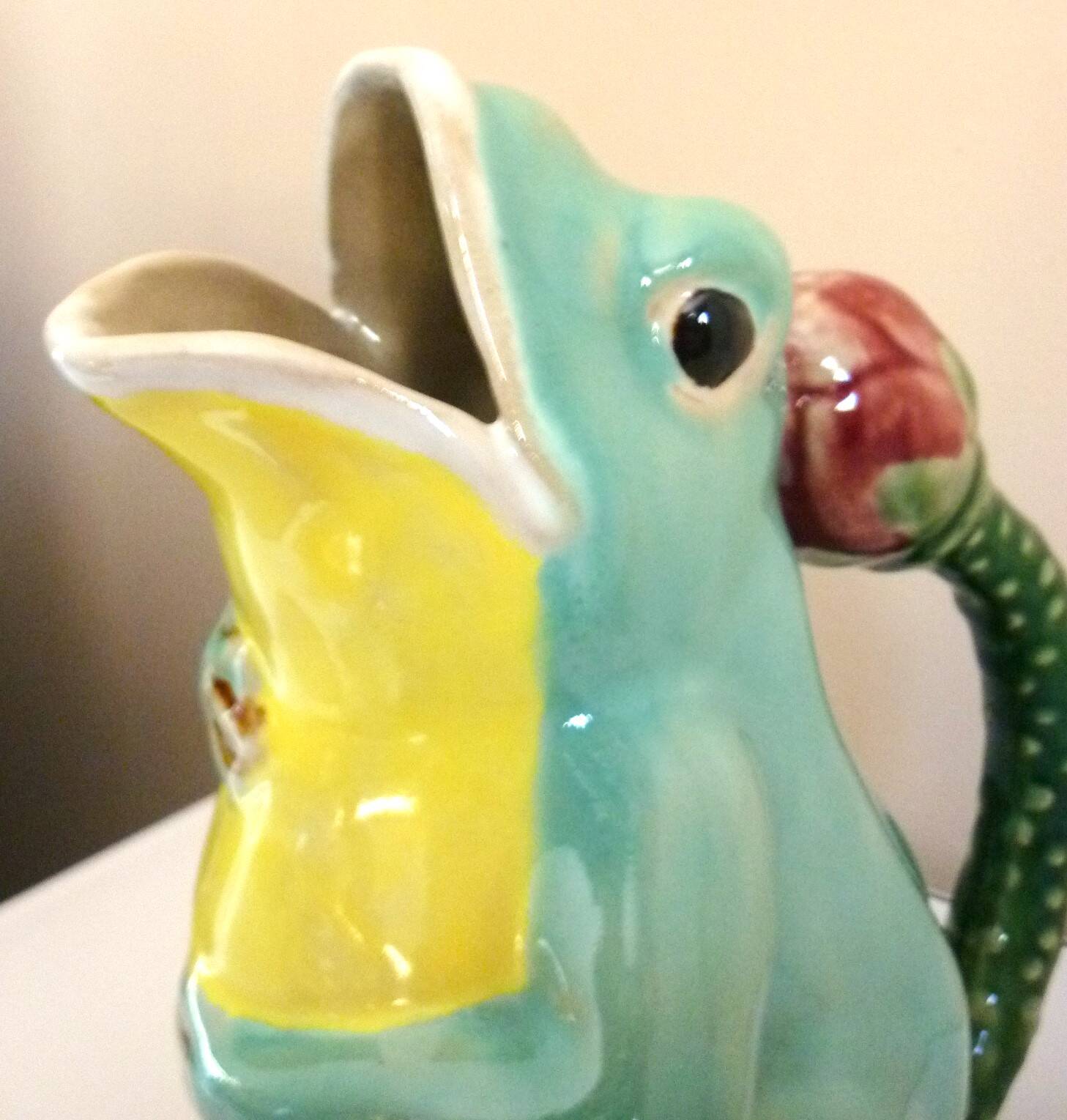 Frog pitcher, glazed ceramic, slipware, signed Athezza Franca