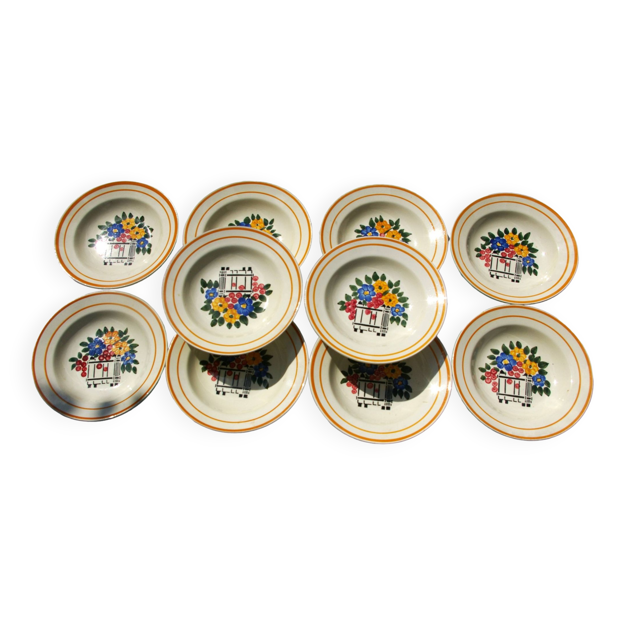 10 HB Creil Montereau earthenware soup plates, "Fleuri" model