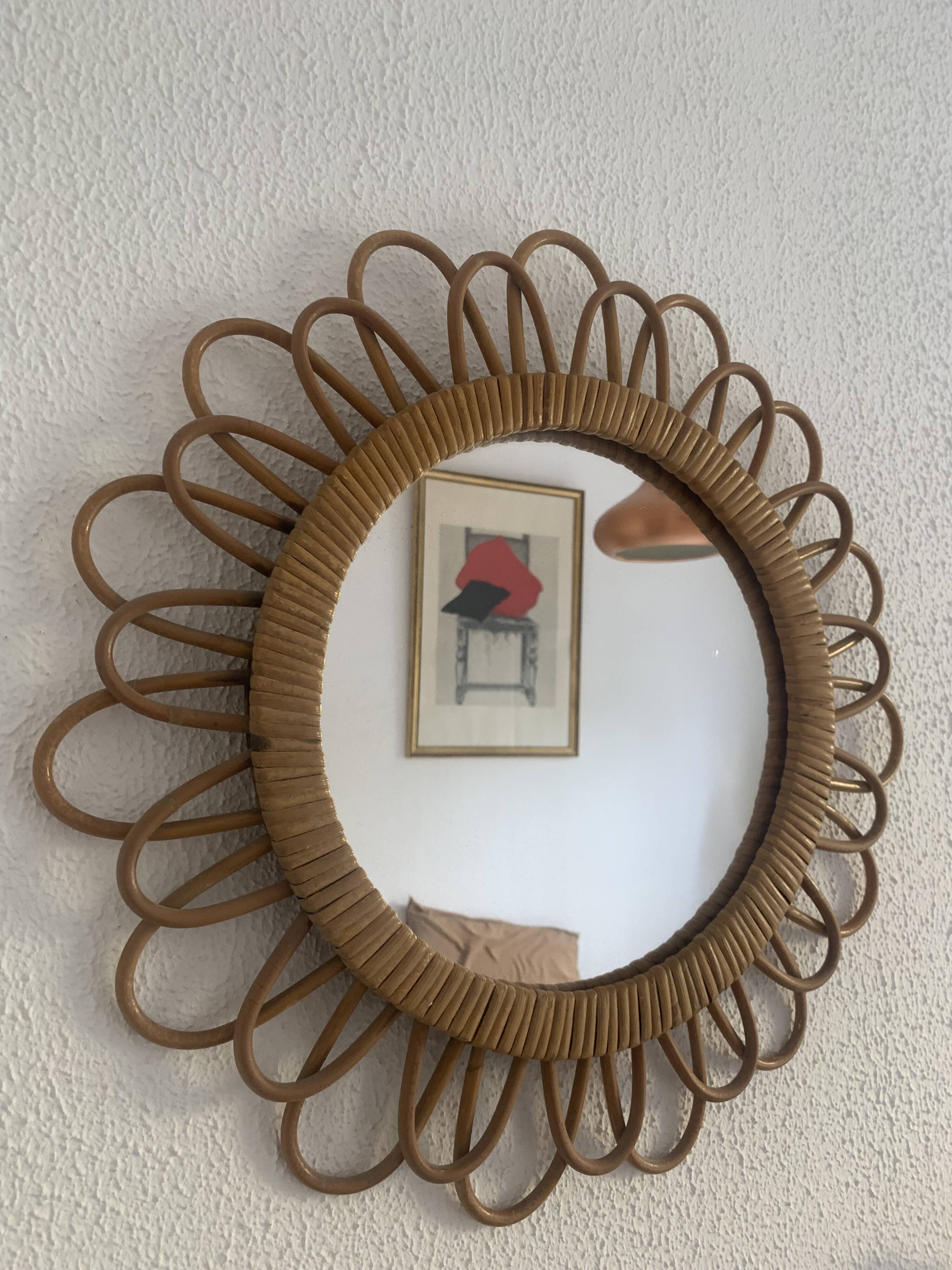 Vintage mirror 1960 rattan flower sun mirror - 50 cm