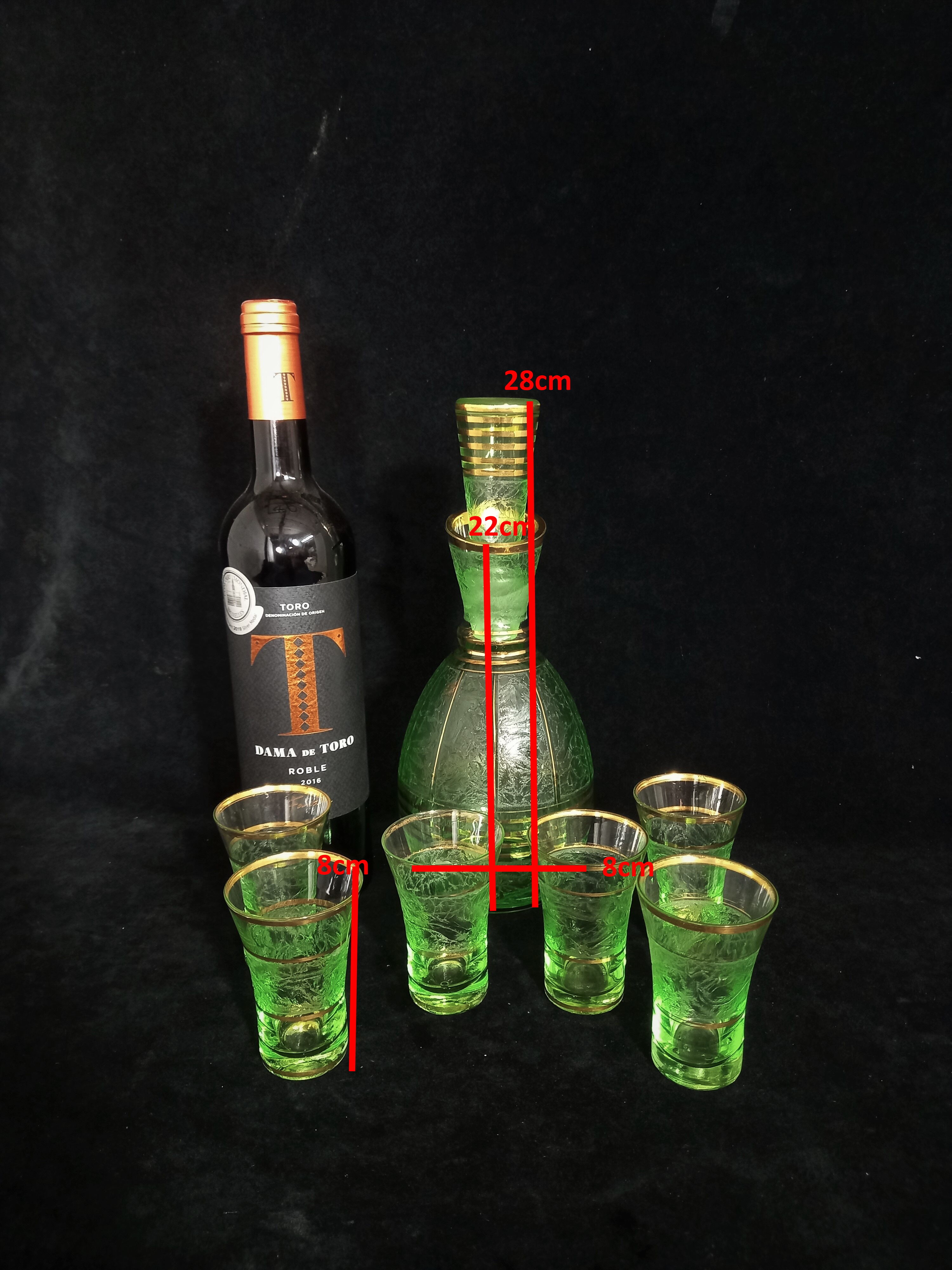 Art deco liqueur service in light green frosted glass