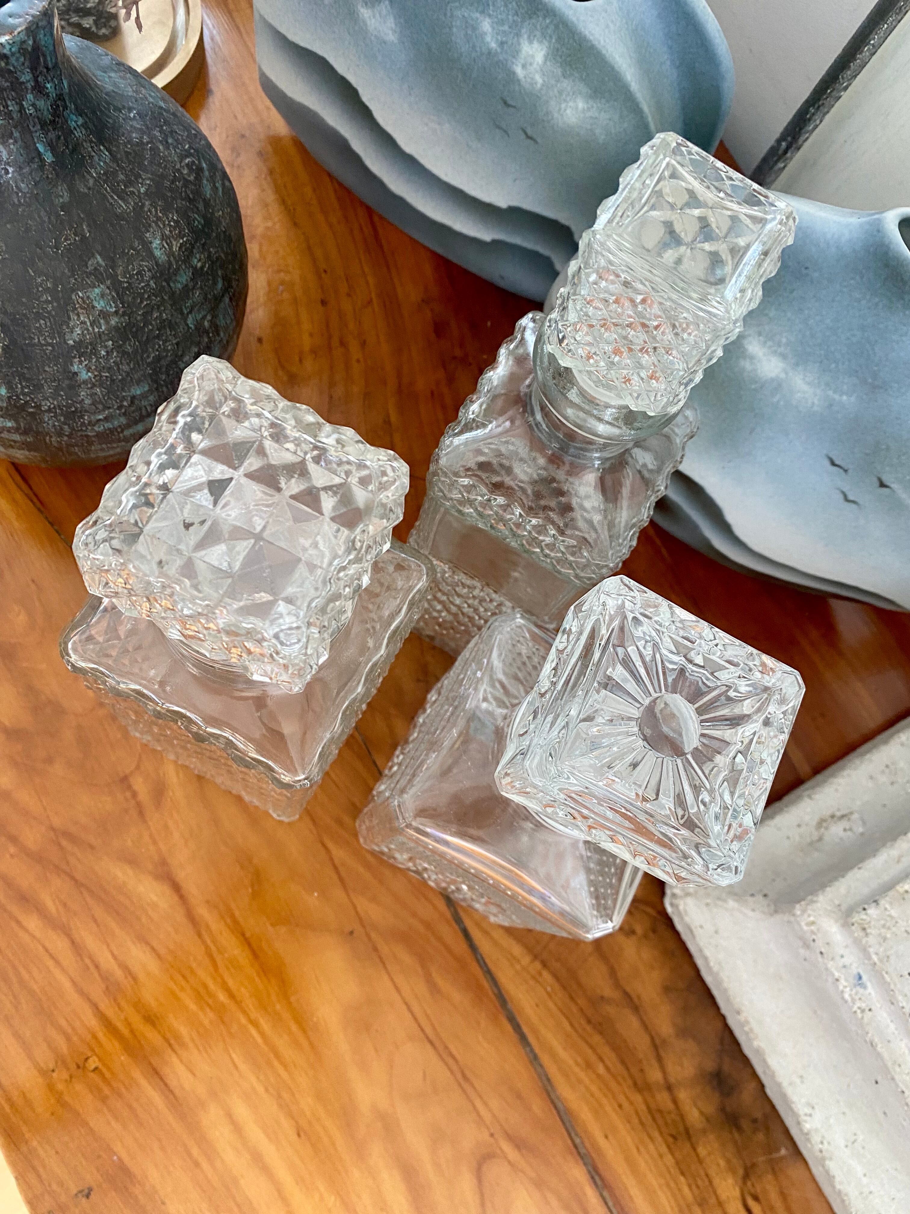 Set of 3 bottle vintage molded glass whiskey decanter