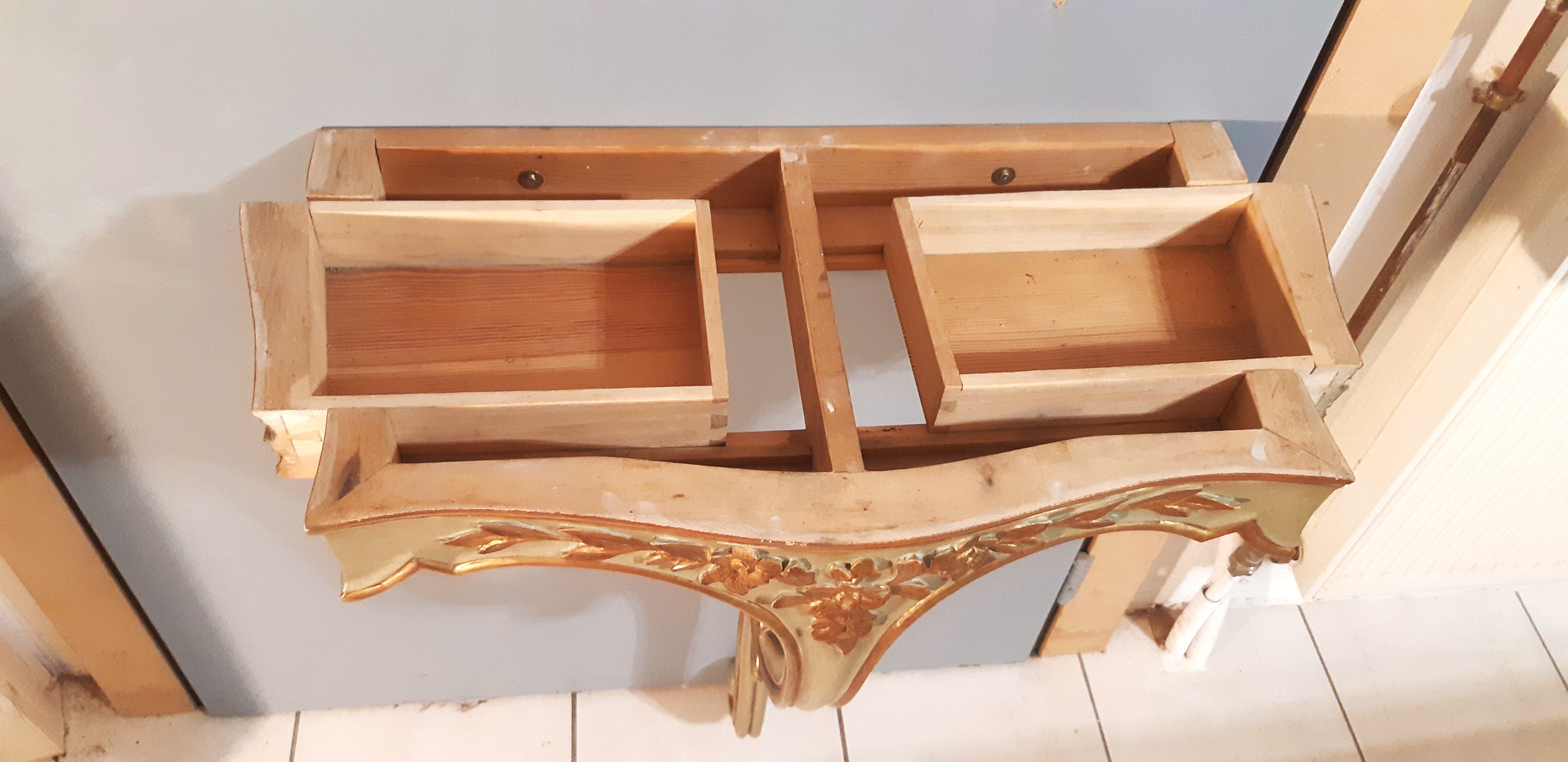 Louis XV style wall lamp console, twentieth century, wood and gilded stucco marble top