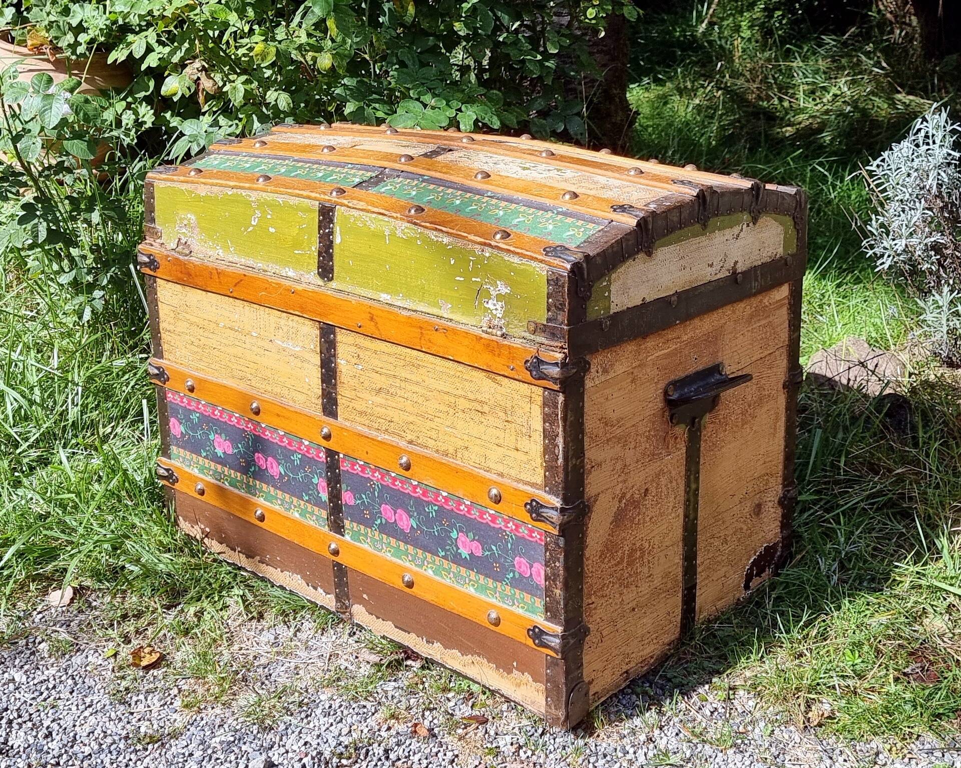 Wooden trunk vintage patchwork decor