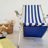 Chaise longue - Transat ancien en tissu rayé bleu et blanc