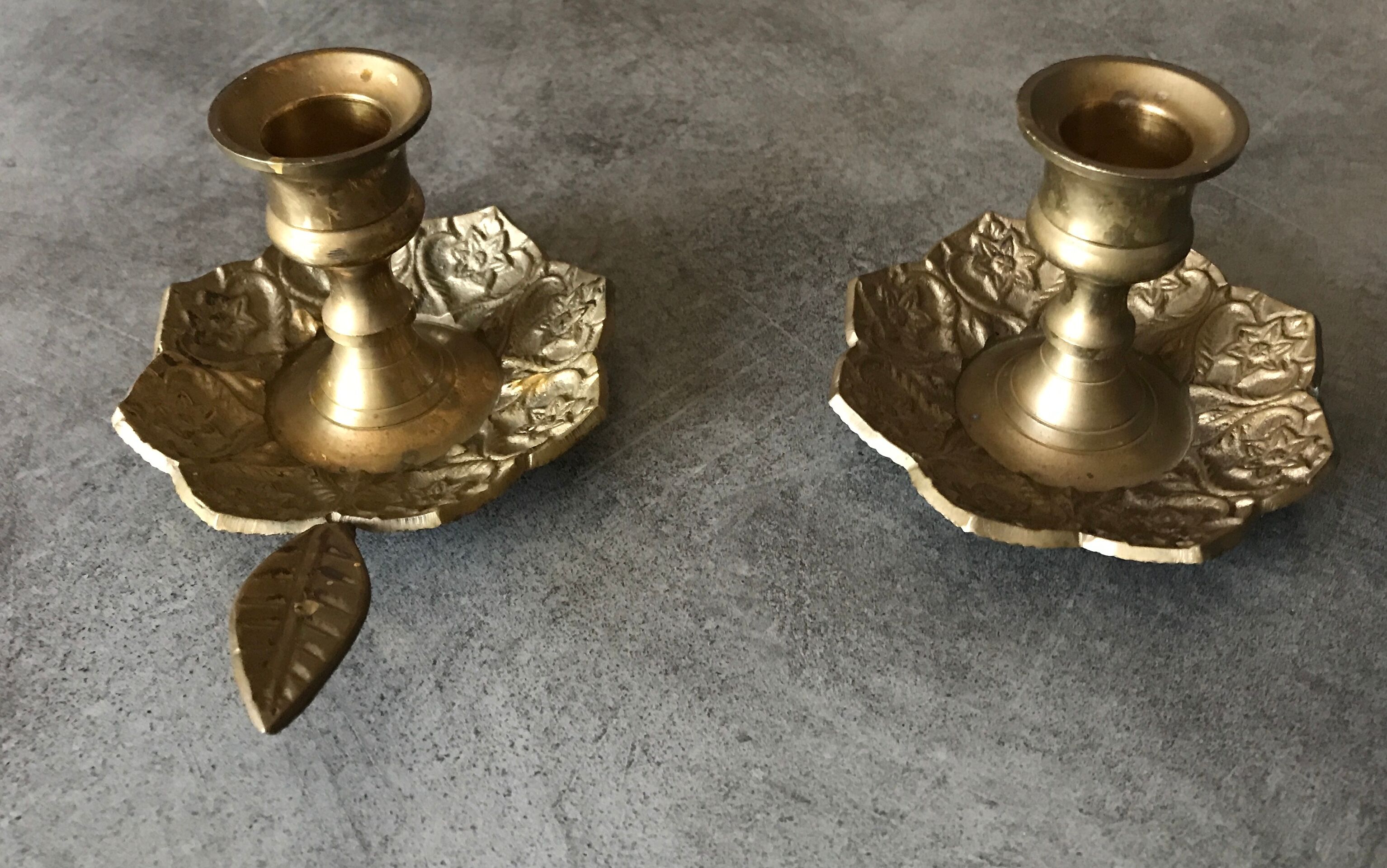 PAIR of BRASS table CANDLE HOLDERS with Flower Patterns