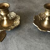 PAIR of BRASS table CANDLE HOLDERS with Flower Patterns