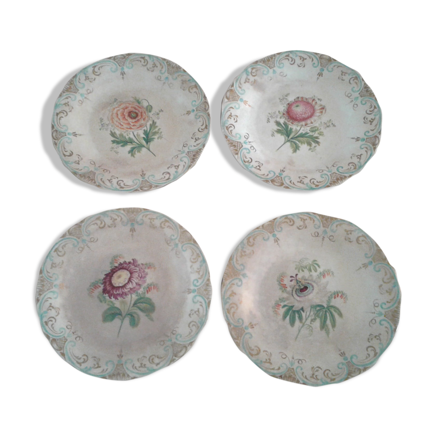 4 Old plates. Flowers. 19th