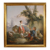 Superbe peinture française du XVIIIe siècle, scène pastorale romantique.