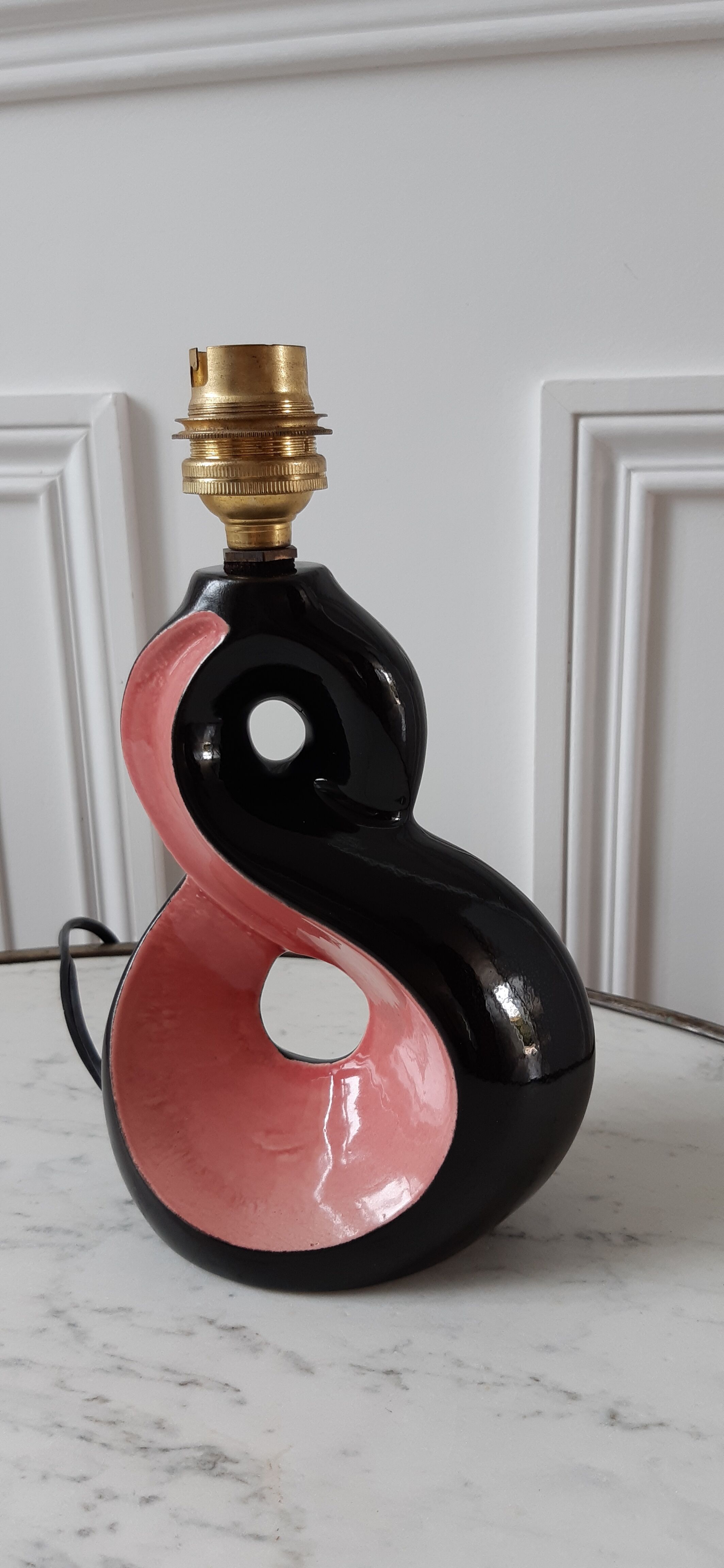 Lamp foot in pink and black ceramic design Vallauris 70s