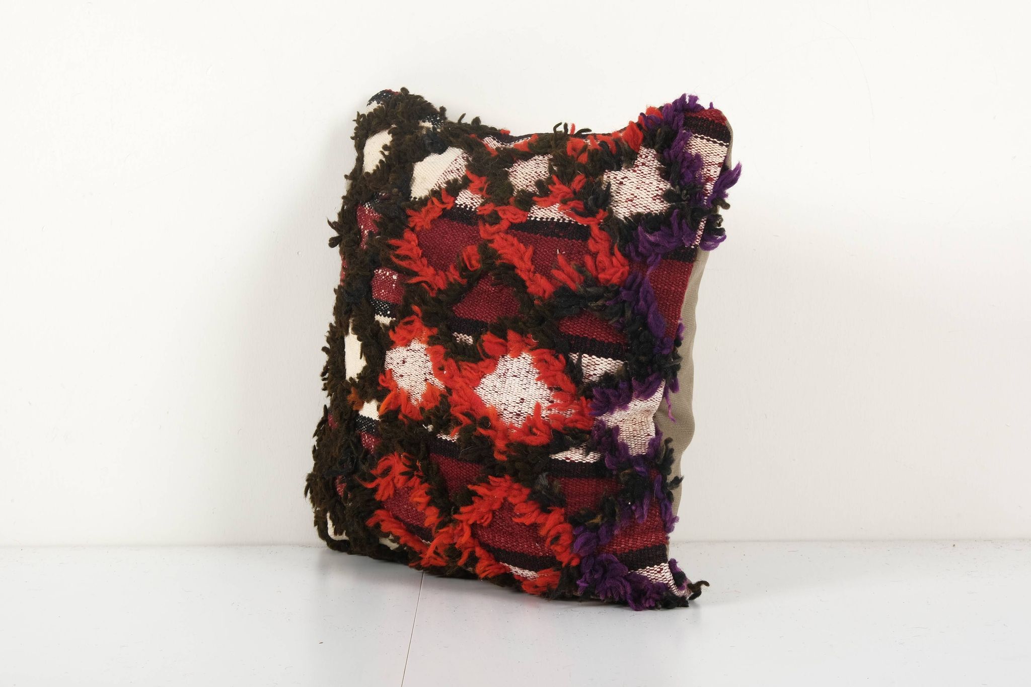 Vintage handwoven multi color turkish flokati shagy pillow cover, handwoven square turkish shaggy tu