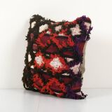Vintage handwoven multi color turkish flokati shagy pillow cover, handwoven square turkish shaggy tu