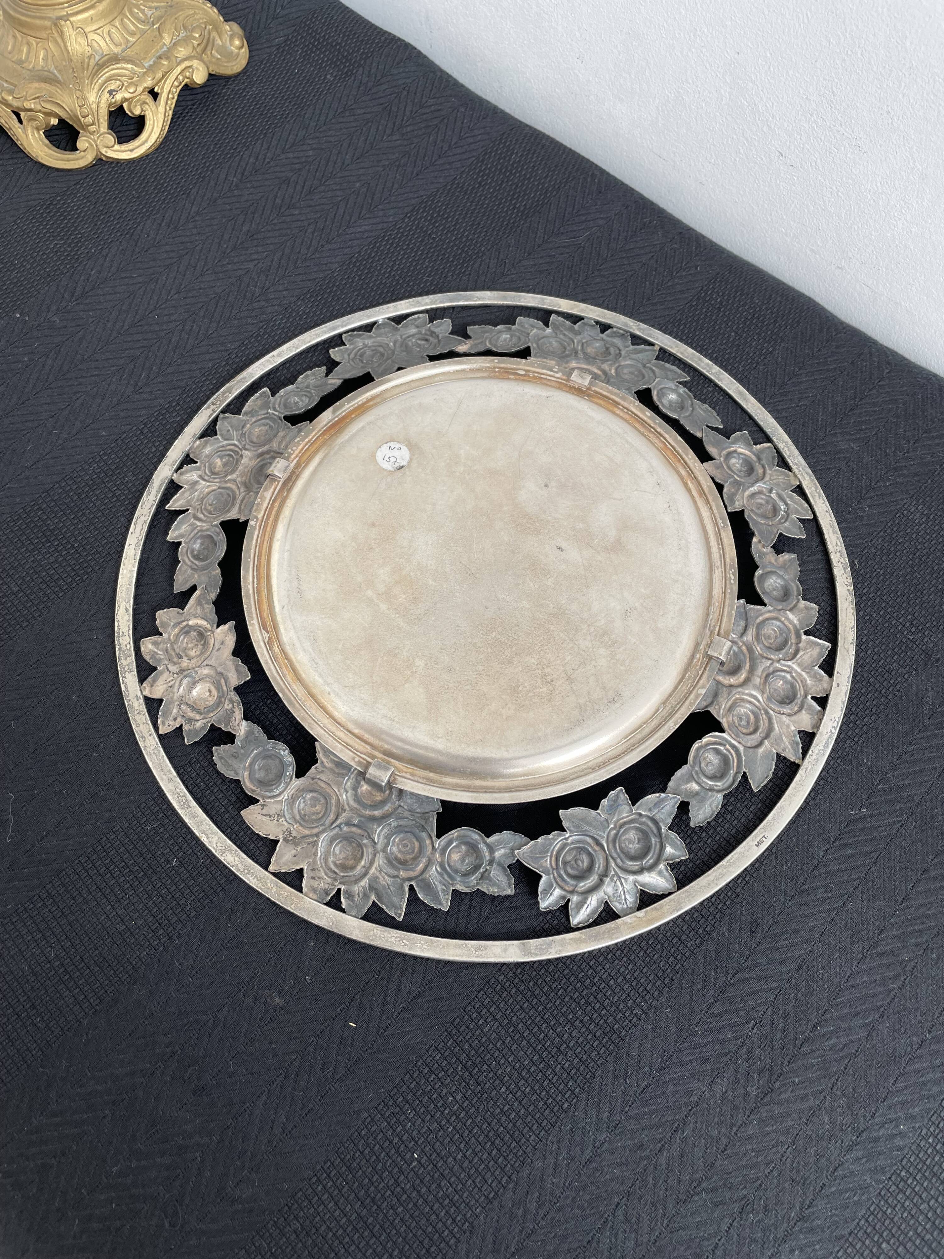 Vintage, round dish, silver metal, stylized leaf and rose decoration, French work, France