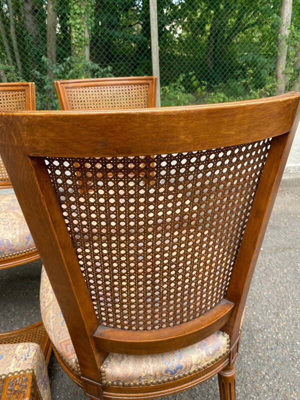 Lot de 6 chaises de style Louis XVI à dossier canné et tissu jacquard 70s
