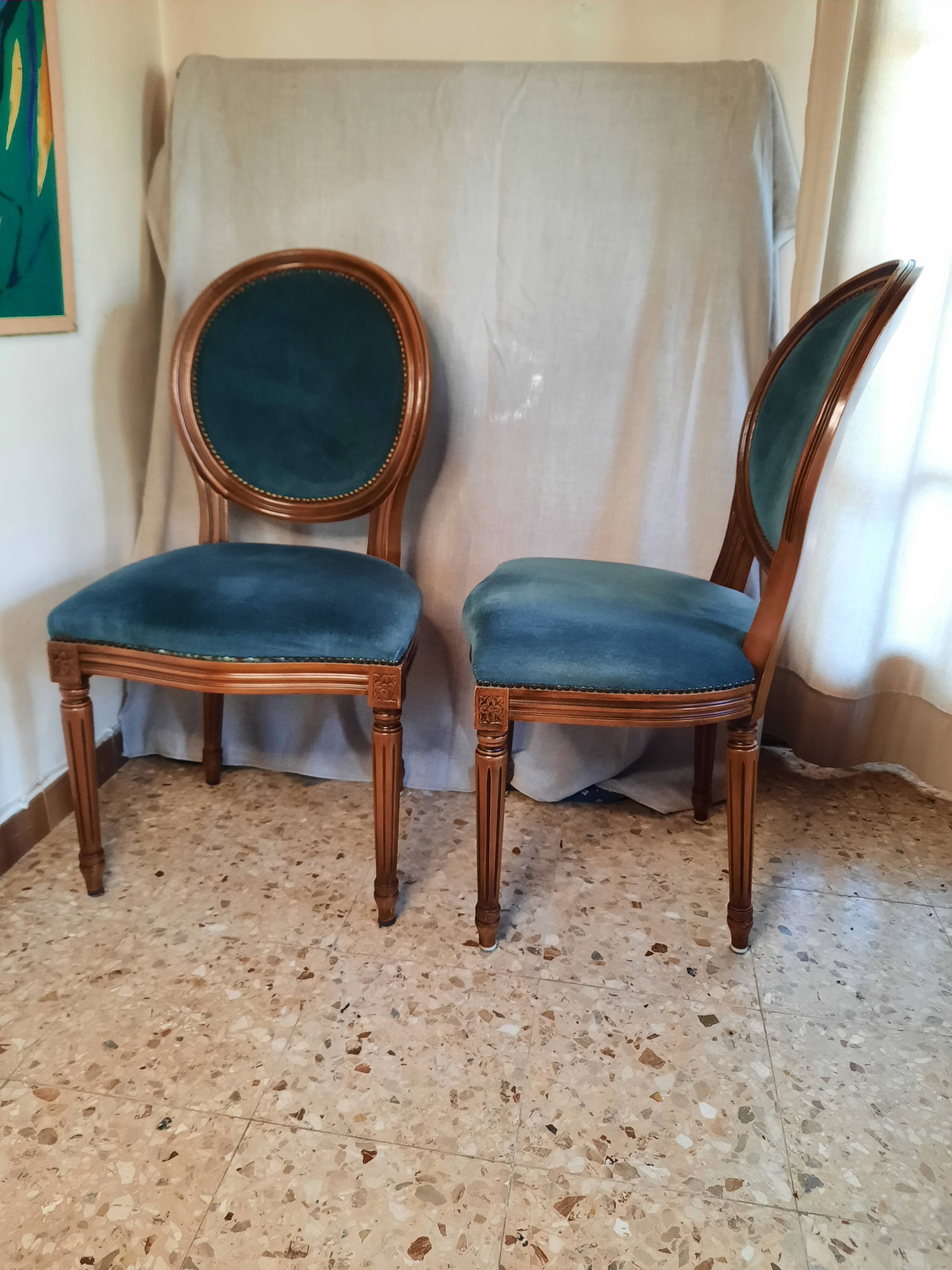 Pair of blue velvet medallion chairs