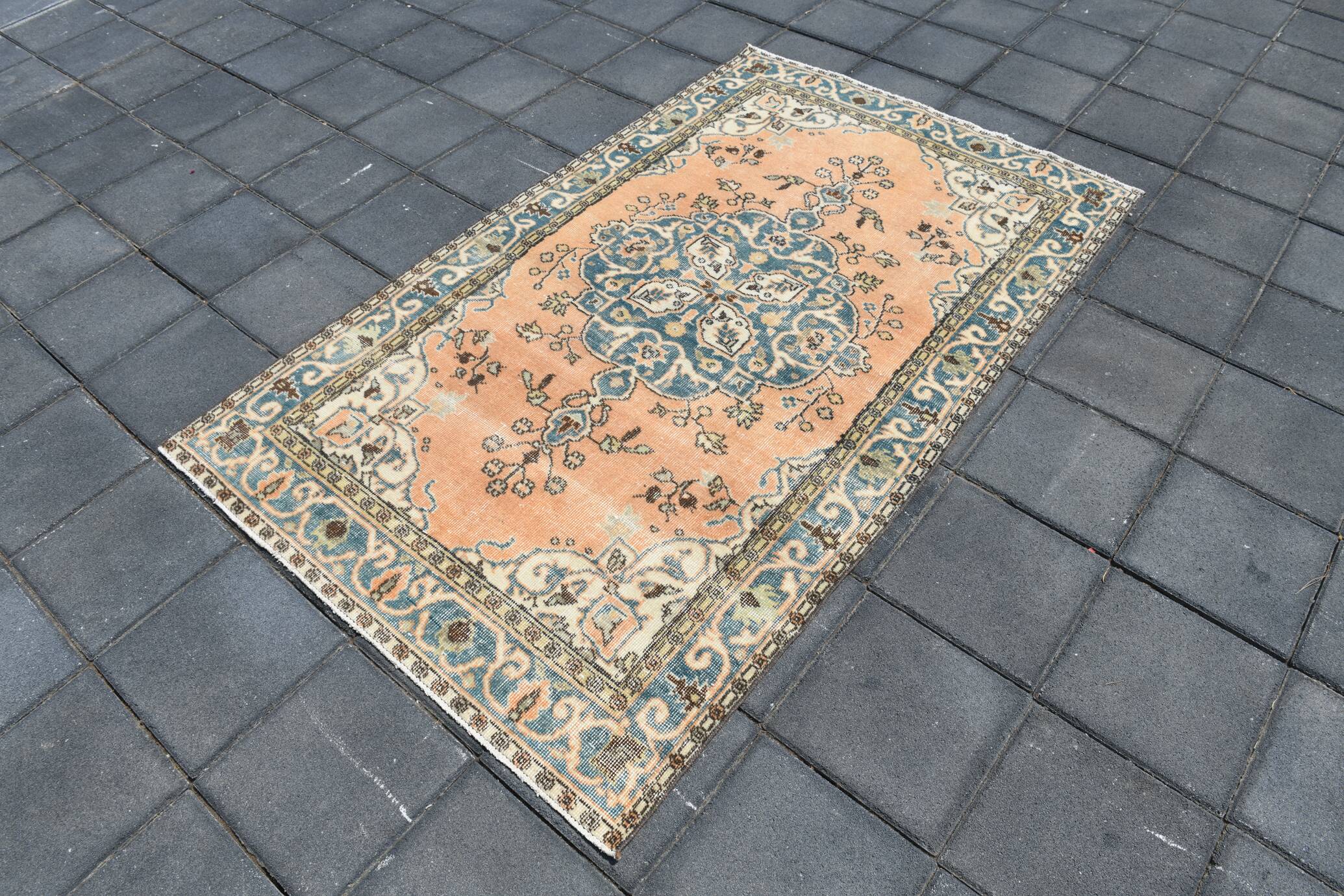 Tapis Turc Vintage Oushak, Couloir Pêche Bleu, 120x194 Cm