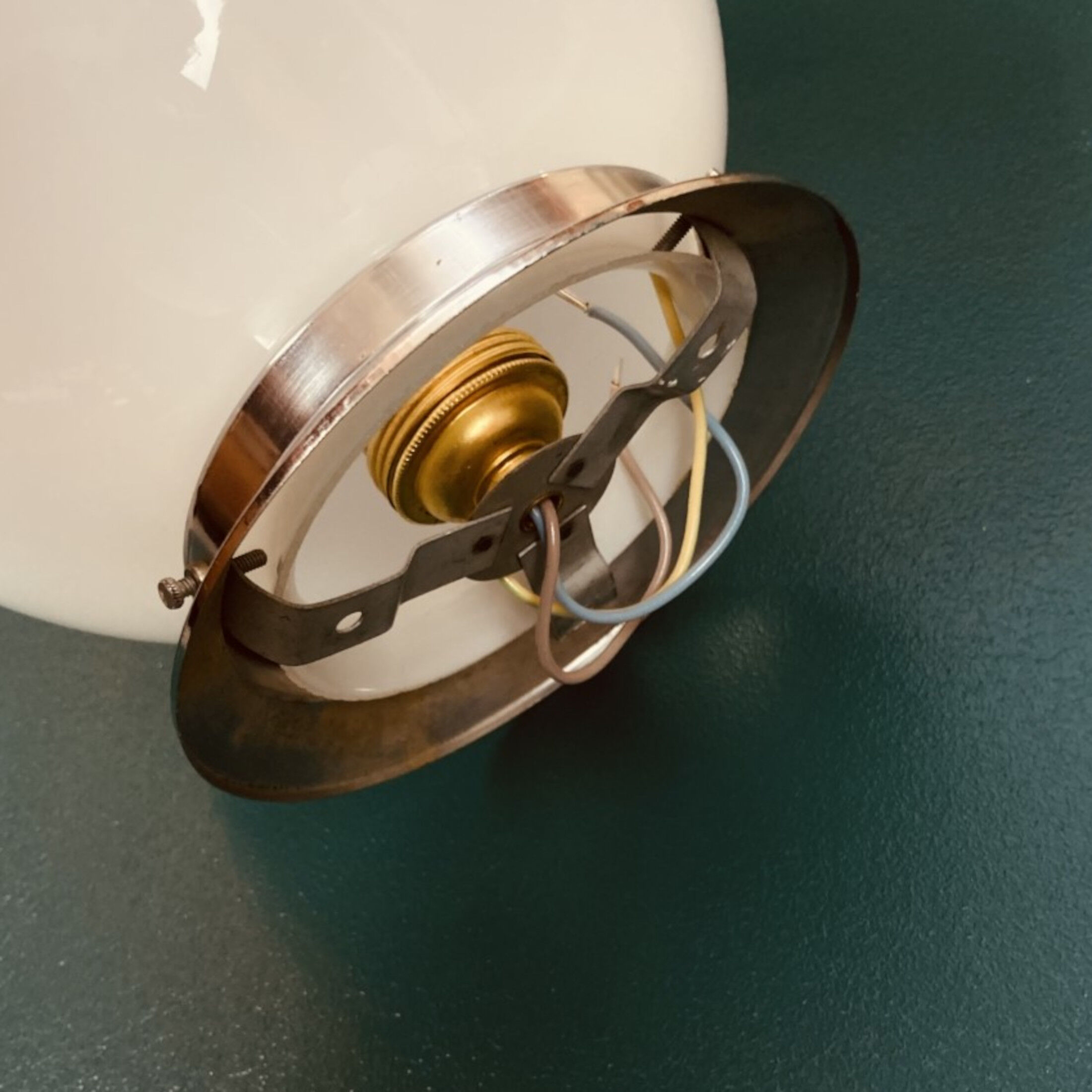 Globe in opaline wall lamp or ceiling lamp vintage diameter 20 cm and stainless steel base old school design