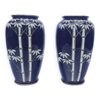 Pair of small vases decorated with Bamboo on a blue background