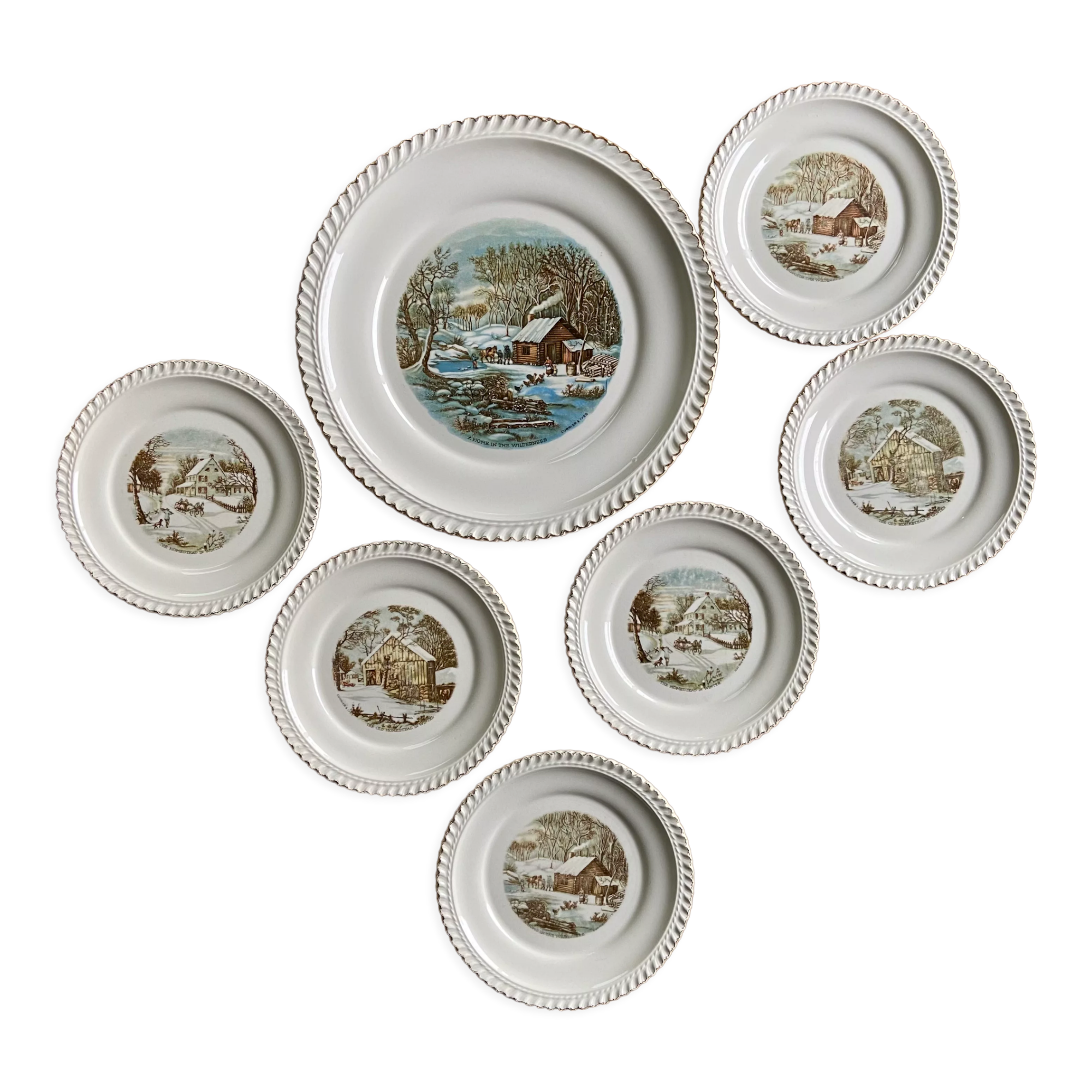 6 dessert plates and cake dish Harkerware USA