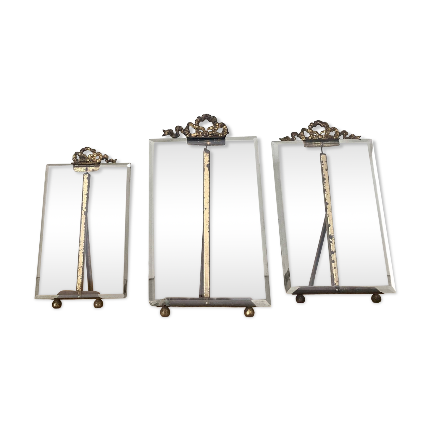 Lot de 3 cadres anciens art déco en verre biseauté et laiton