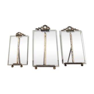 Set of 3 old art deco frames in beveled glass and brass