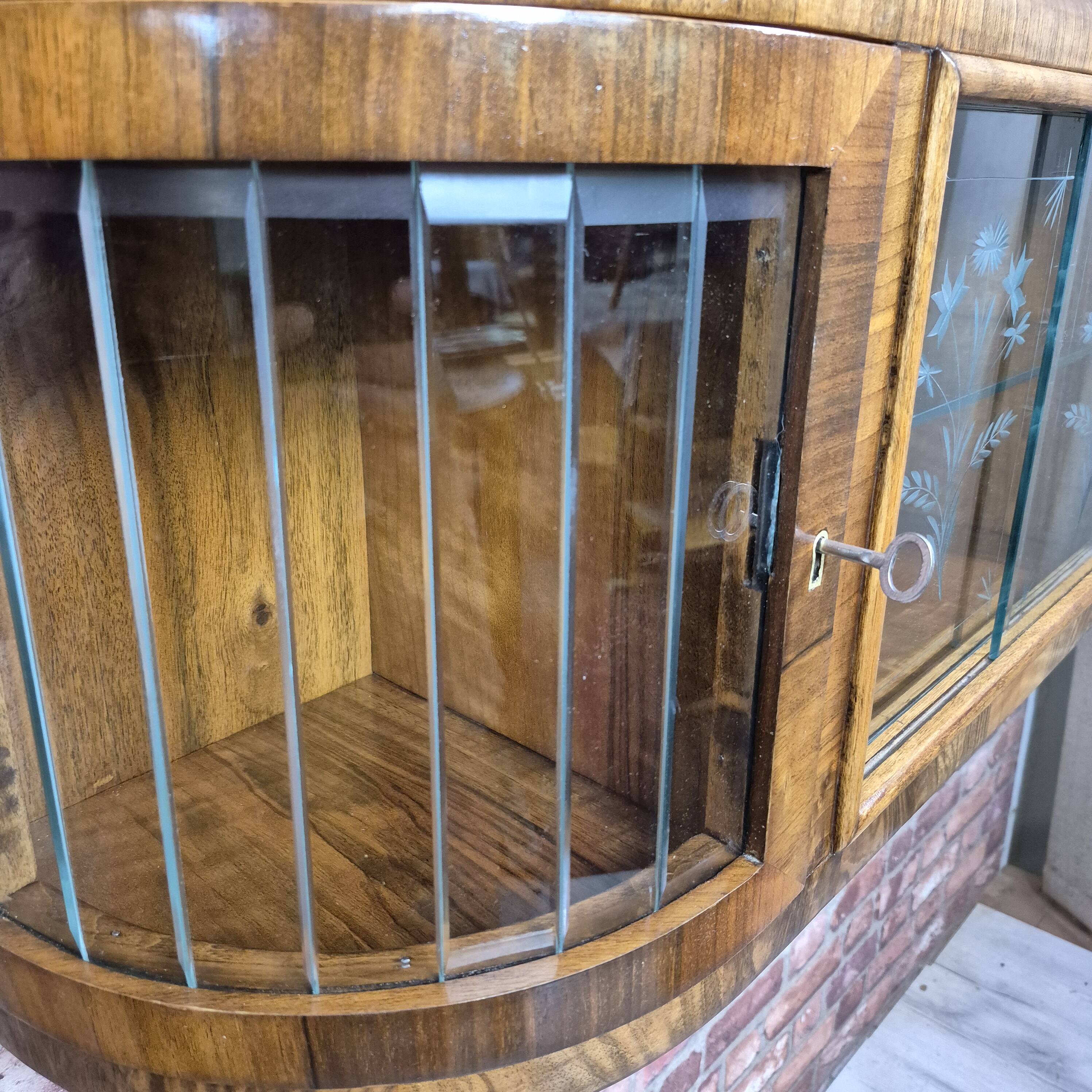 Upcycled Art Deco Walnut Wall Cabinet with Engraved and Slatted Glass - 193