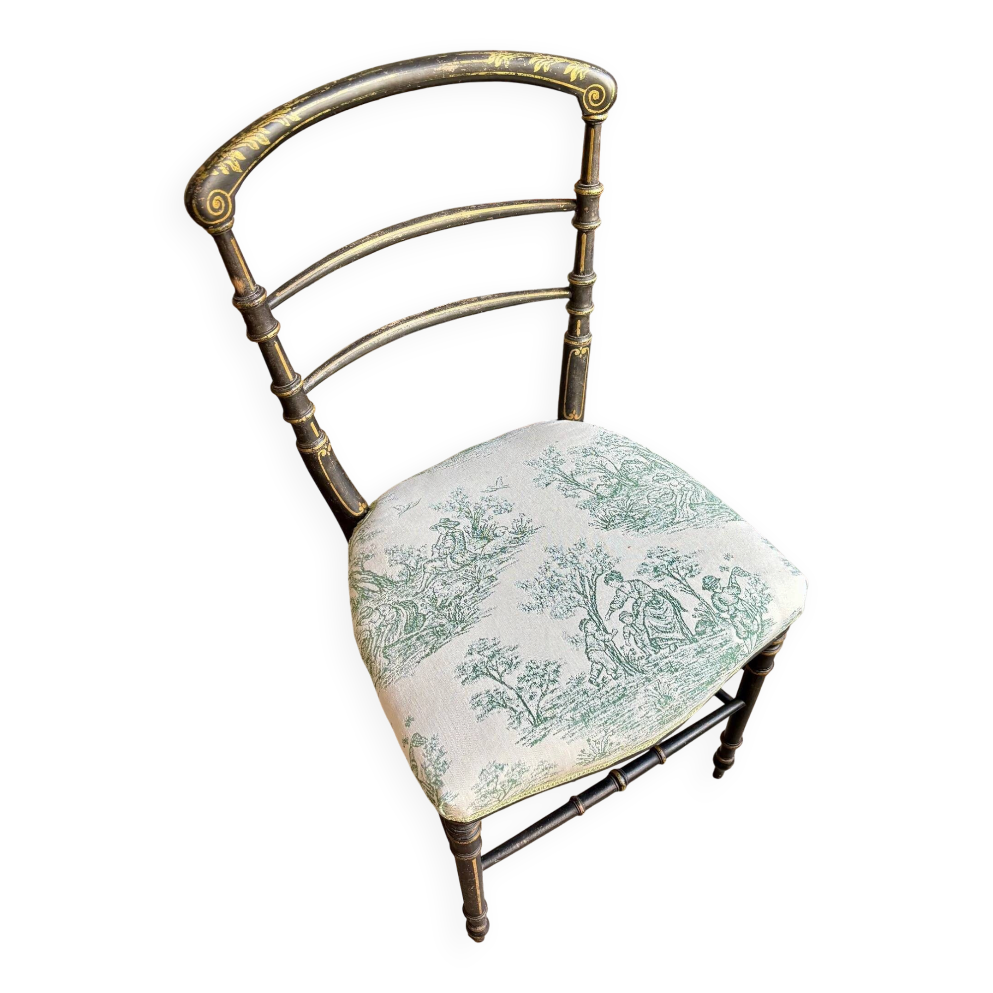 Napoleon III chair in blackened wood and green toile de Jouy.