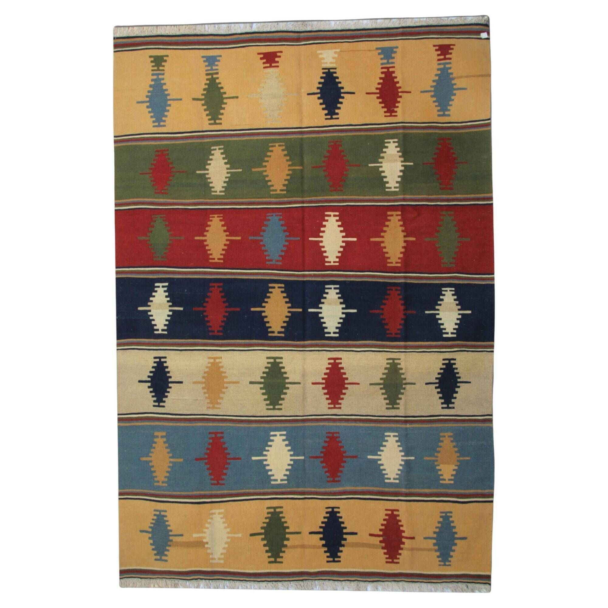 Vintage Qashqai Striped Wool Kilim Rug, Large Multicolor Flatweave Carpet