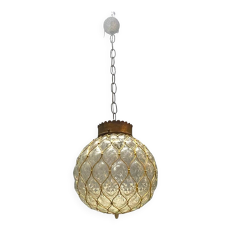 Murano Glass Brass Caged Pendant Light, Italy, 1960s