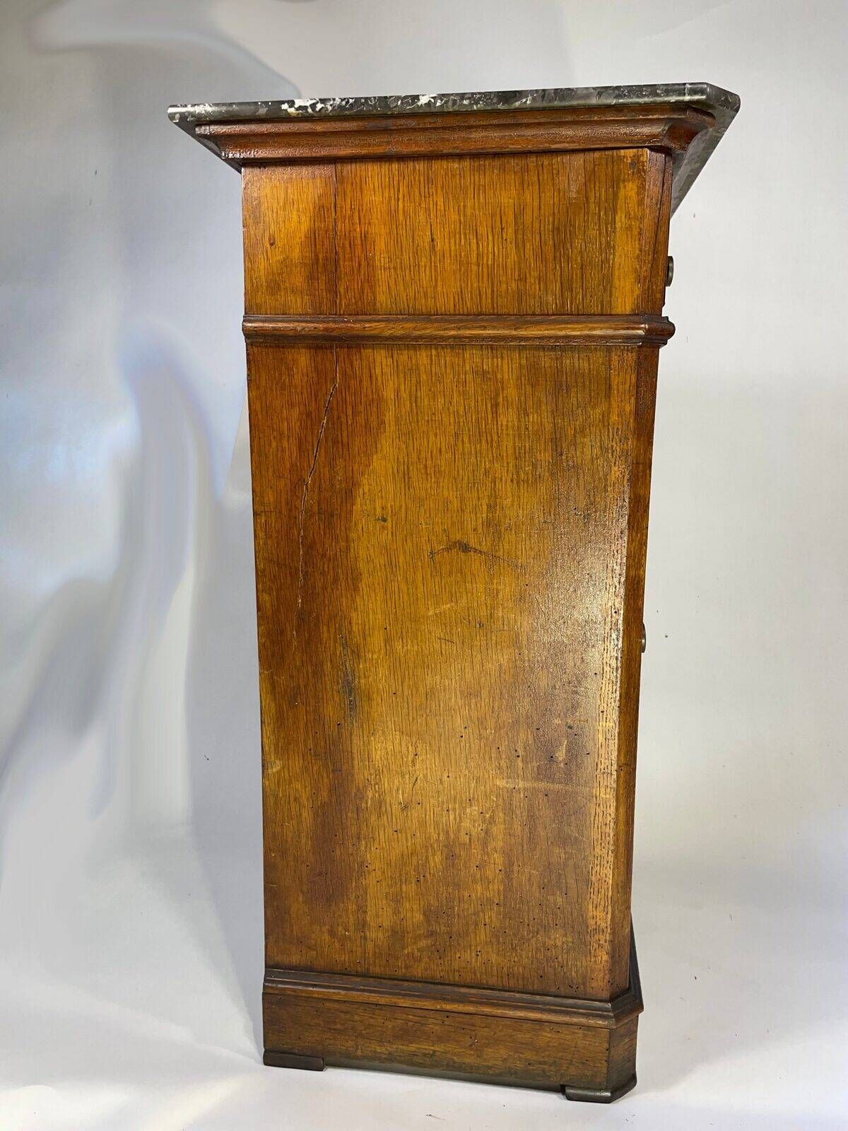 Provincial antique bedside table in oak, marble top, late 19th century.