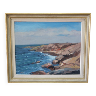 Tage Rudolf Ahlm, Swedish Modern Landscape, Oil on Panel, 1960s, Framed