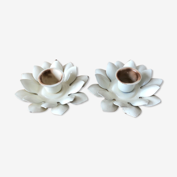 2 enamelled water lily candlesticks