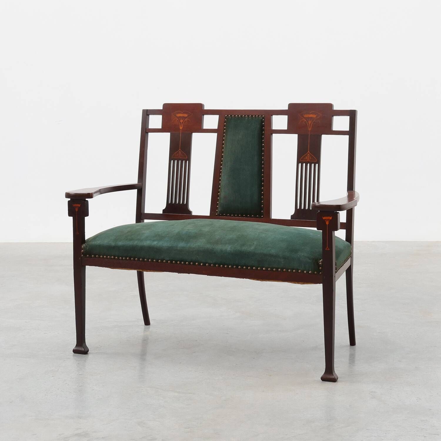 Art Nouveau Walnut Settee with Floral Marquetry, Belgium, ca. 1900