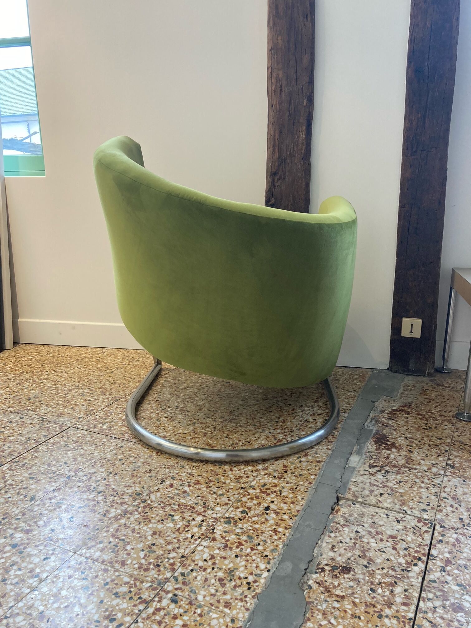Erling Revheim, Armchair model "Spiral" in chrome tubular metal and green fabric