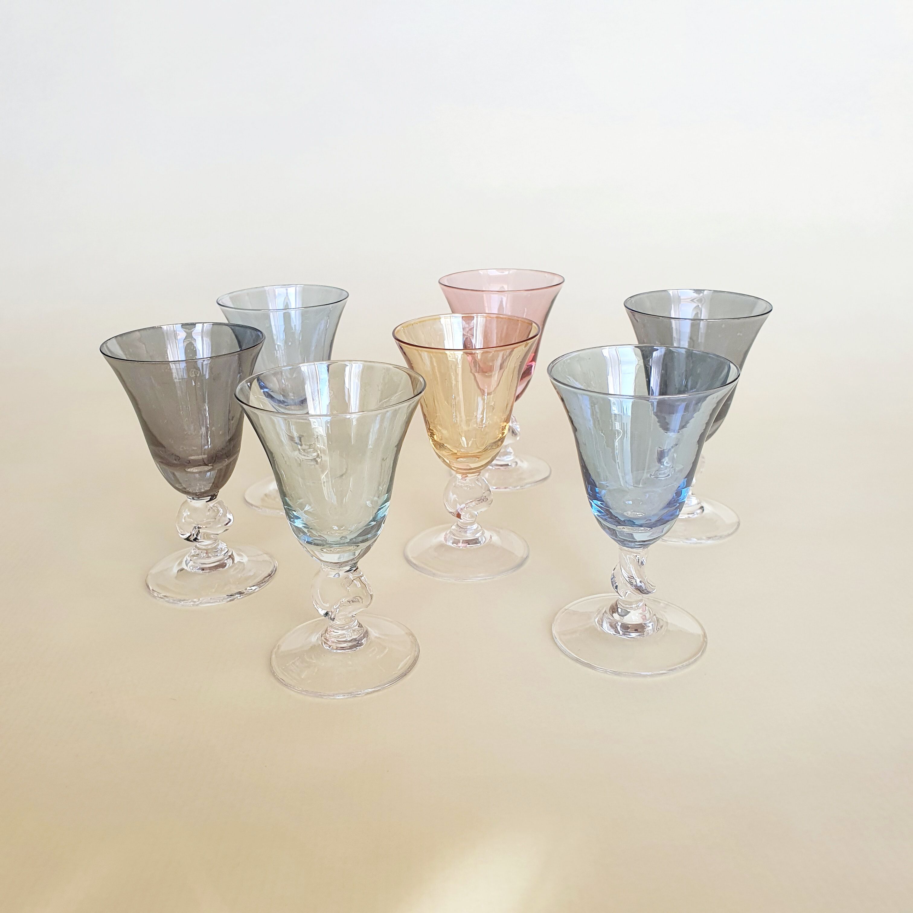 set of 7 multicolored Harlequin liqueur glasses