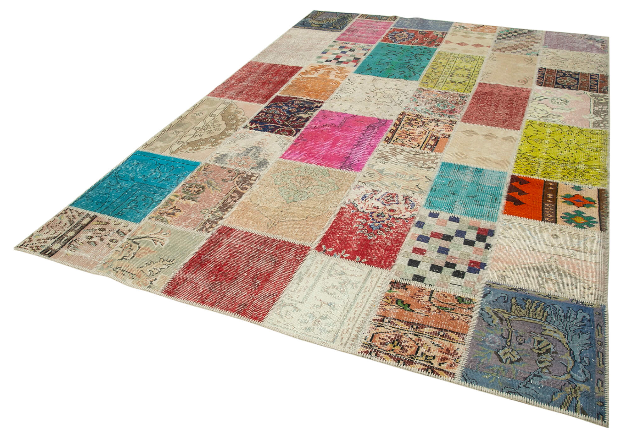 Hand-knotted anatolian contemporary 208 cm x 296 cm multicolor patchwork carpet