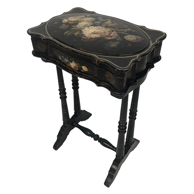 Small table with Napoleon III work, wood and boiled cardboard decorated with flowers painted with flowers
