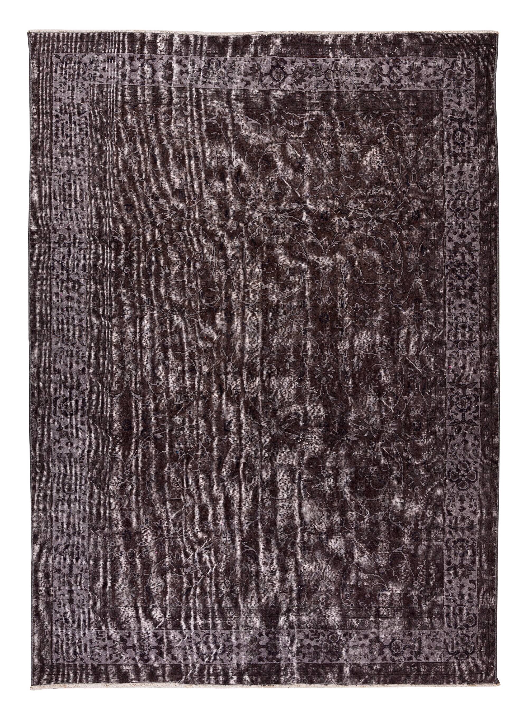 Floral pattern turkish handmade vintage wool area rug over-dyed in brown 195 x 268 cm