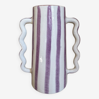 Lilac and white striped ceramic vase with abstract handmade wavy handles