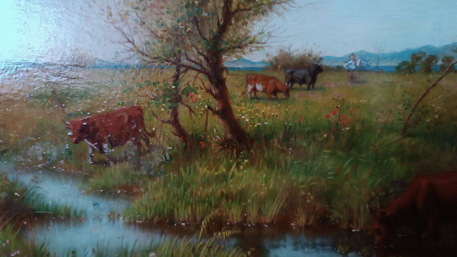 Antique oil painting on panel landscape figures cows - 19th century