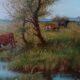 Antique oil painting on panel landscape figures cows - 19th century
