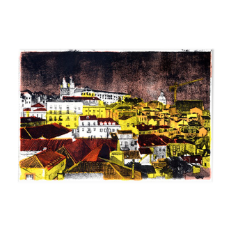 Original Monotype Lisbon by night, illustration