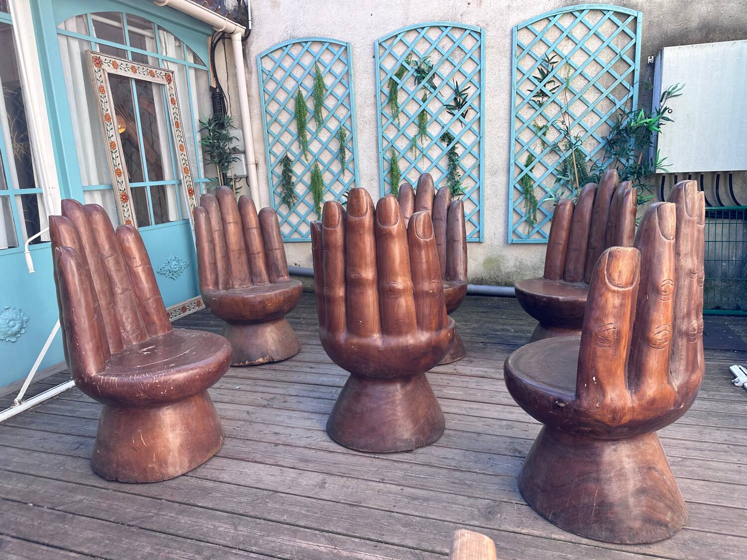 Set of 6 wooden "hand" chairs