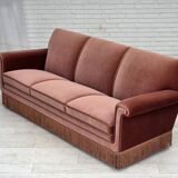 1970s, Danish 3-seater sofa, salmon pink furniture velour, beech wood.