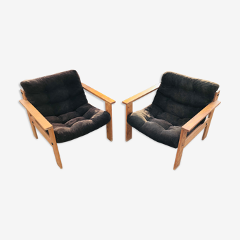 Paire de fauteuils vintage scandinave chauffeuses pin velours