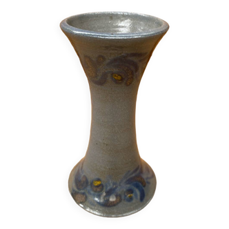 Ancien vase soliflore betschdorf remmy fils grès bleu décor fleurs vintage