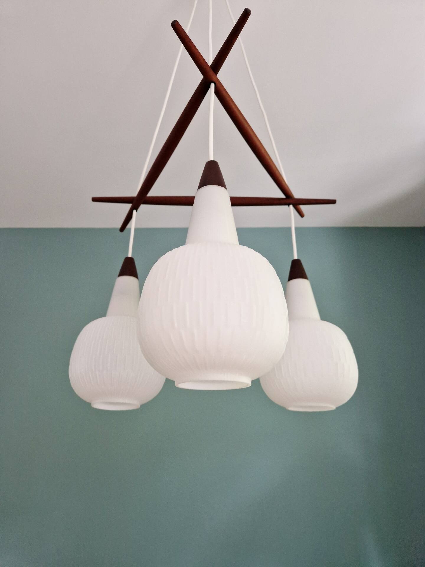 Scandinavian chandelier in teak and white opaline, 1960s