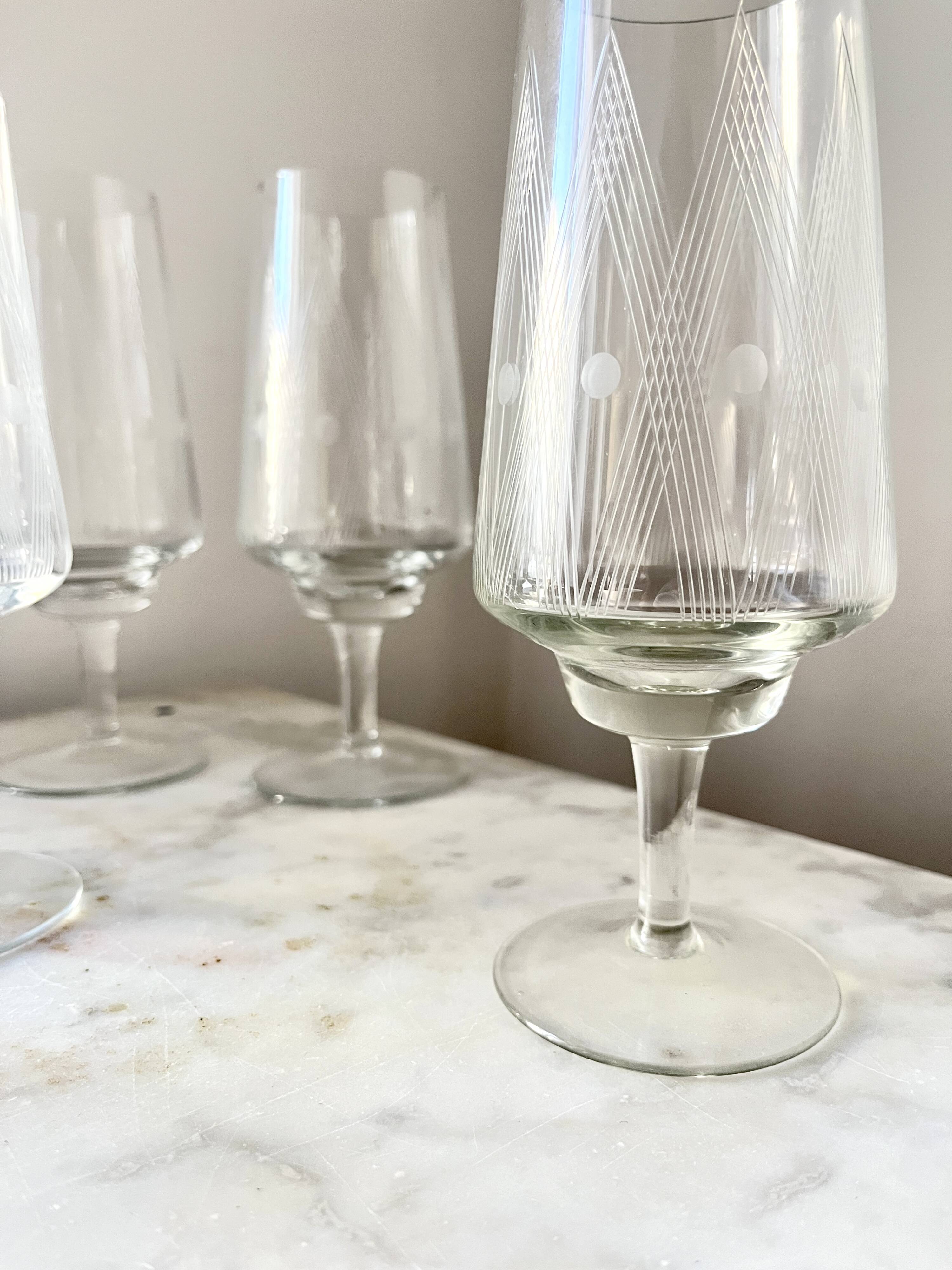 Vintage Set of 6 Etched Crystal Glasses for Wine or Cocktail,  1960s Mid-Ce
